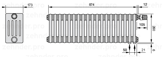 Схема (чертеж) Радиатор Zehnder Charleston 5026/19 №V002 Белый глянцевый RAL 9016
